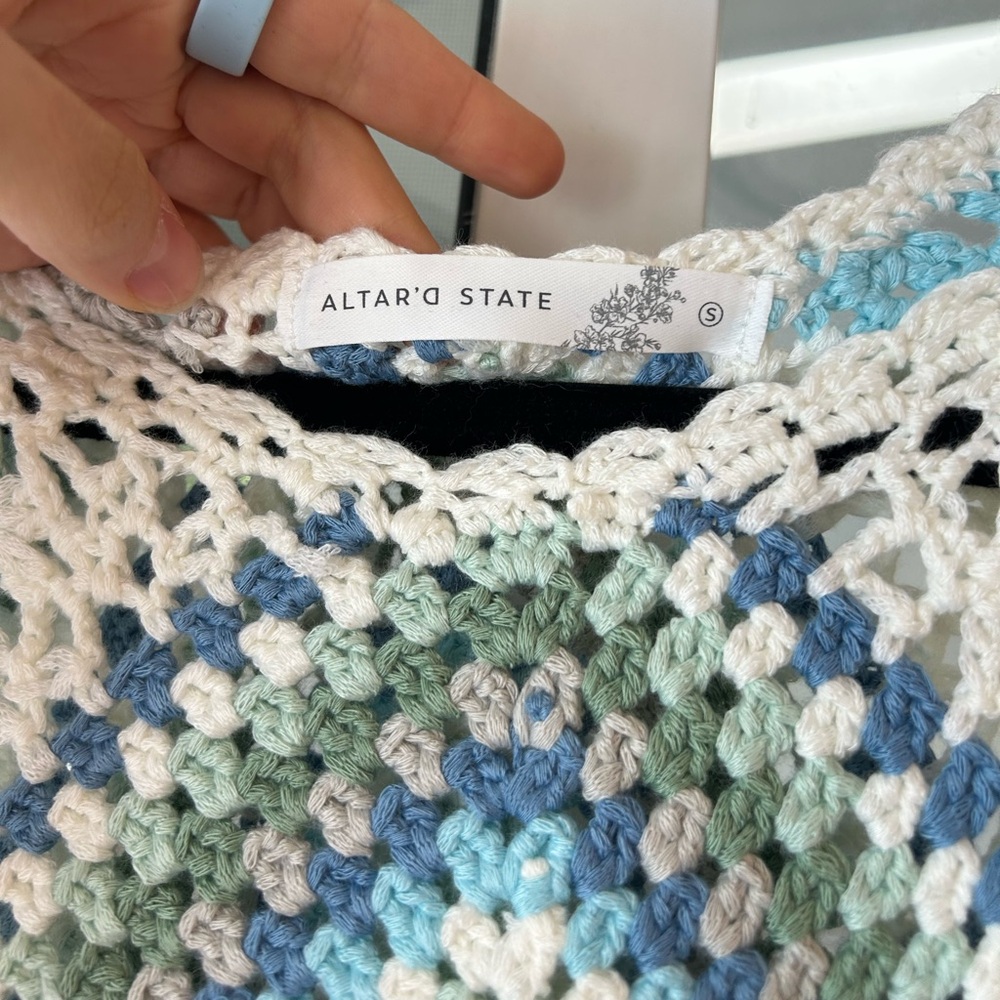 Altar’d state blue green white knit boho crochet crop tank - Picture 8 of 9